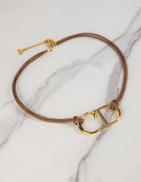 Christian Dior Vintage AW 2000 by John Galliano Golden CD Logo Brown Leather Necklace