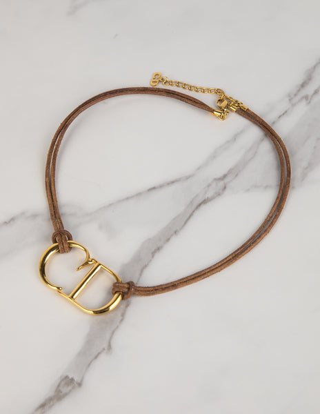 Christian Dior Vintage AW 2000 by John Galliano Golden CD Logo Brown Leather Necklace