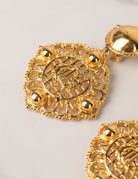 Christian Dior Vintage Massive Golden Monogram Dangle Earrings