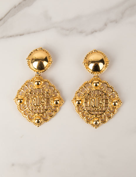 Christian Dior Vintage Massive Golden Monogram Dangle Earrings