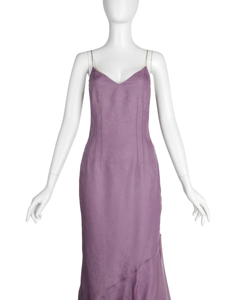 Christian Dior by John Galliano Vintage SS 1998 'In a Boudoir Mood' Spectacular Dusty Lavender Silk Damask Satin Chiffon Trained Evening Gown