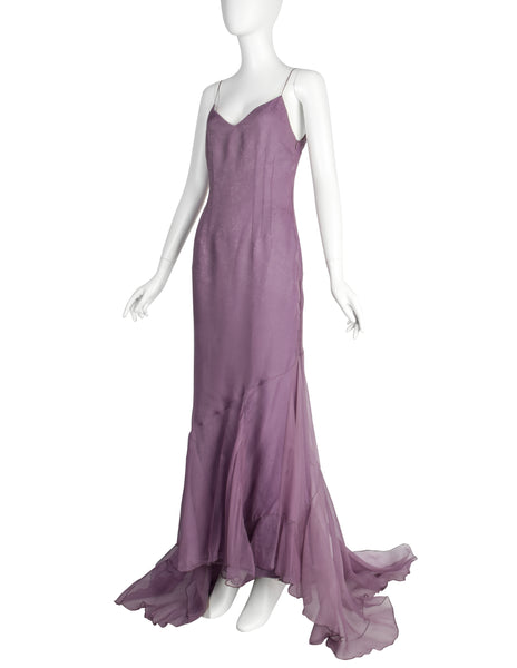 Christian Dior by John Galliano Vintage SS 1998 'In a Boudoir Mood' Spectacular Dusty Lavender Silk Damask Satin Chiffon Trained Evening Gown