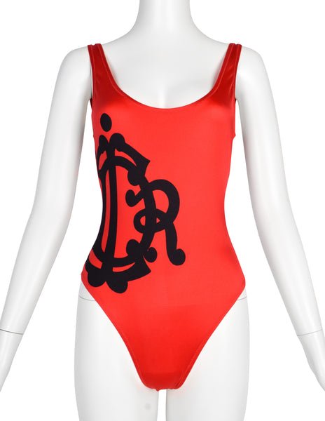 Christian Dior Vintage 1990s Red and Black Heritage Logo Swimsuit