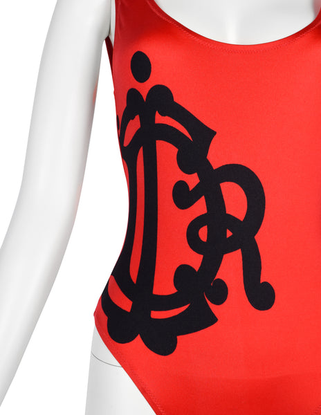 Christian Dior Vintage 1990s Red and Black Heritage Logo Swimsuit