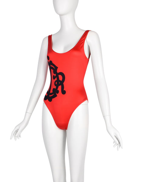 Christian Dior Vintage 1990s Red and Black Heritage Logo Swimsuit
