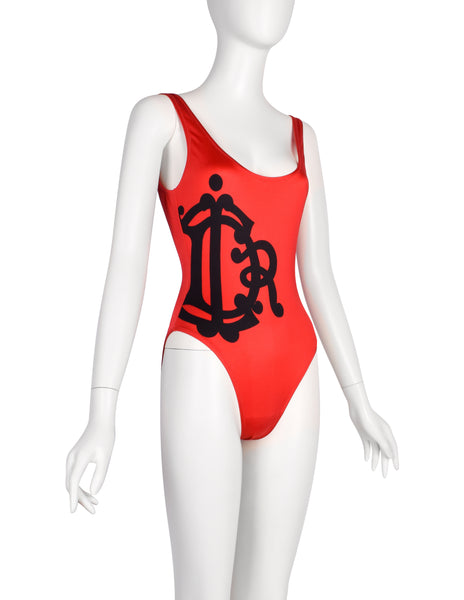 Christian Dior Vintage 1990s Red and Black Heritage Logo Swimsuit