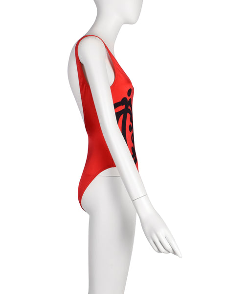 Christian Dior Vintage 1990s Red and Black Heritage Logo Swimsuit