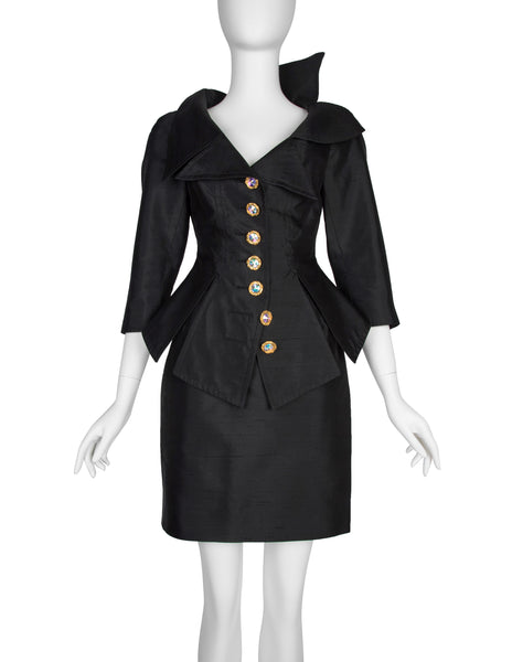 Christian Lacroix Vintage SS 1994 Vampy Black Silk Mini Skirt Suit
