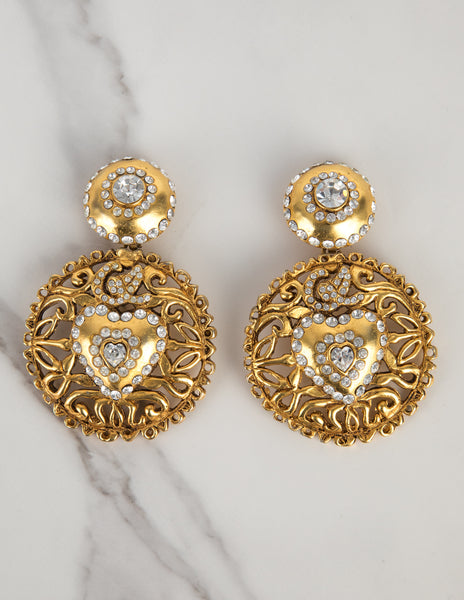 Christian Lacroix Vintage 1990s Massive Rhinestone Encrusted Golden Dangling Statement Earrings