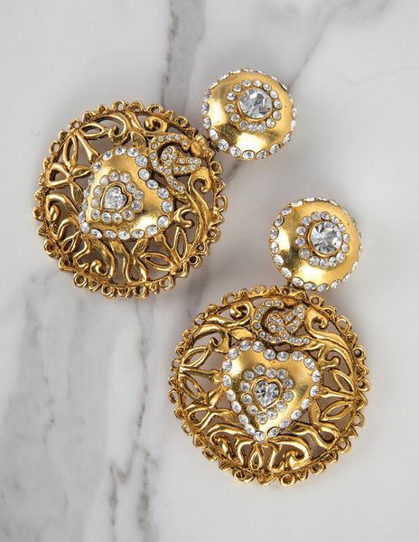 Christian Lacroix Vintage 1990s Massive Rhinestone Encrusted Golden Dangling Statement Earrings