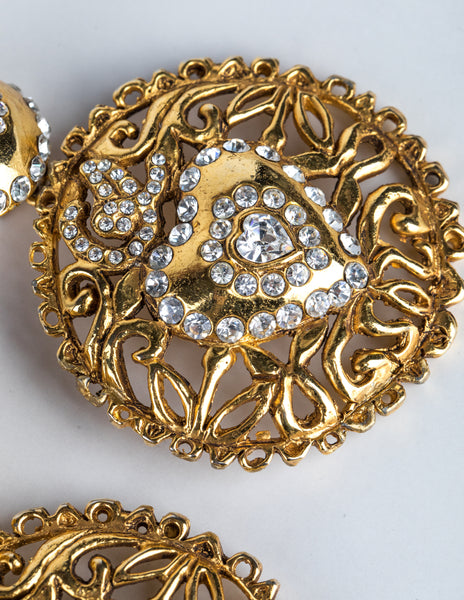 Christian Lacroix Vintage 1990s Massive Rhinestone Encrusted Golden Dangling Statement Earrings