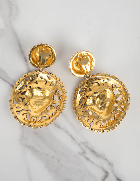 Christian Lacroix Vintage 1990s Massive Rhinestone Encrusted Golden Dangling Statement Earrings