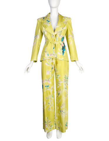Christian Lacroix Vintage SS 1998 Light Green Watercolor Floral Silk Jacket and Pant Suit