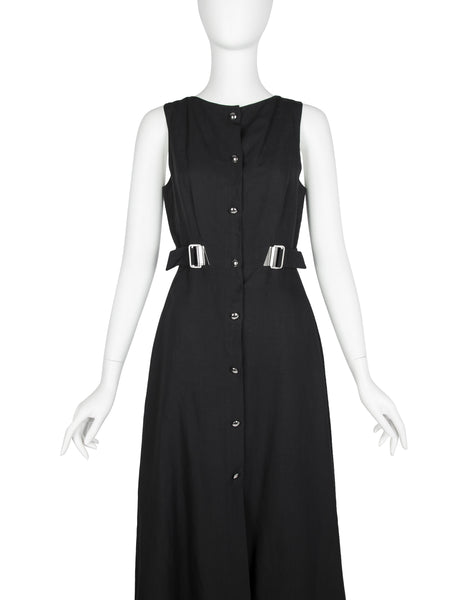 State of Claude Montana Vintage Black Linen Belted Dress