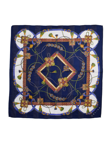 Celine Vintage Navy Blue Buckle Tassel Baroque Cotton Scarf