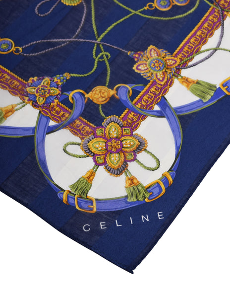 Celine Vintage Navy Blue Buckle Tassel Baroque Cotton Scarf