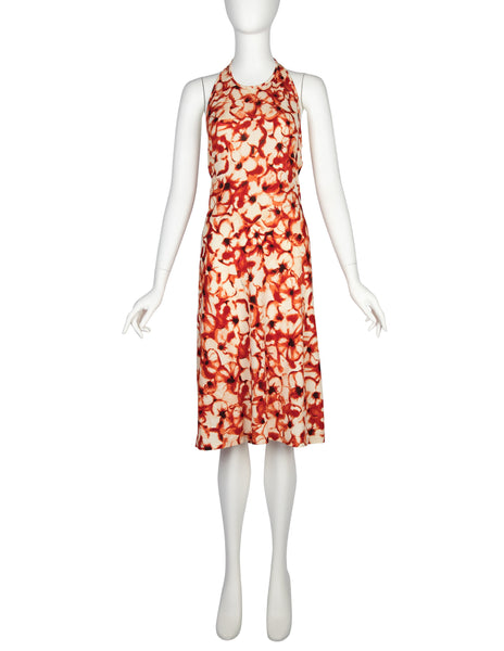 Celine Vintage Red Floral Print Halter Dress