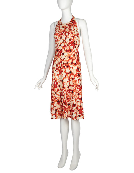 Celine Vintage Red Floral Print Halter Dress