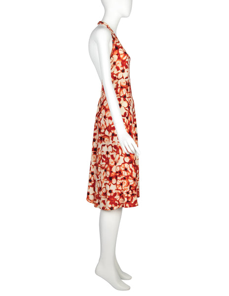 Celine Vintage Red Floral Print Halter Dress