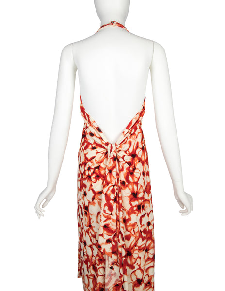 Celine Vintage Red Floral Print Halter Dress