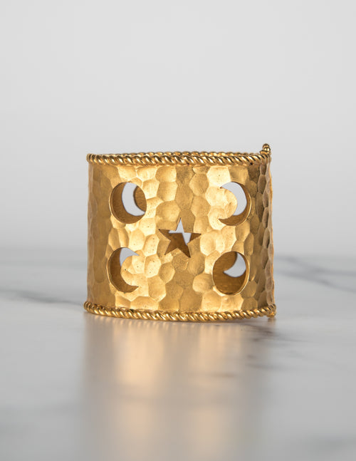 Celine Vintage Hammered Golden Celestial Moon and Stars Cuff