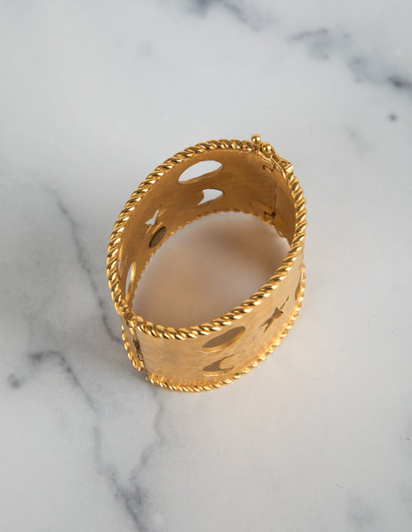 Celine Vintage Hammered Golden Celestial Moon and Stars Cuff Bracelet