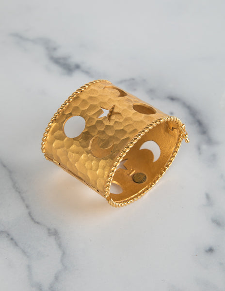 Celine Vintage Hammered Golden Celestial Moon and Stars Cuff Bracelet