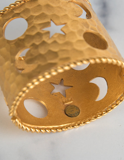 Celine Vintage Hammered Golden Celestial Moon and Stars Cuff
