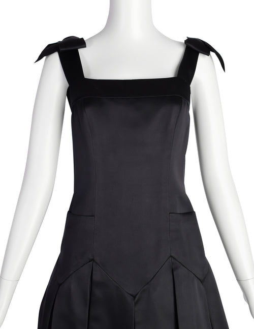 chanel black mini dress Chanel Vintage 1990s Black Silk Satin Bow Pleated Mini Dress