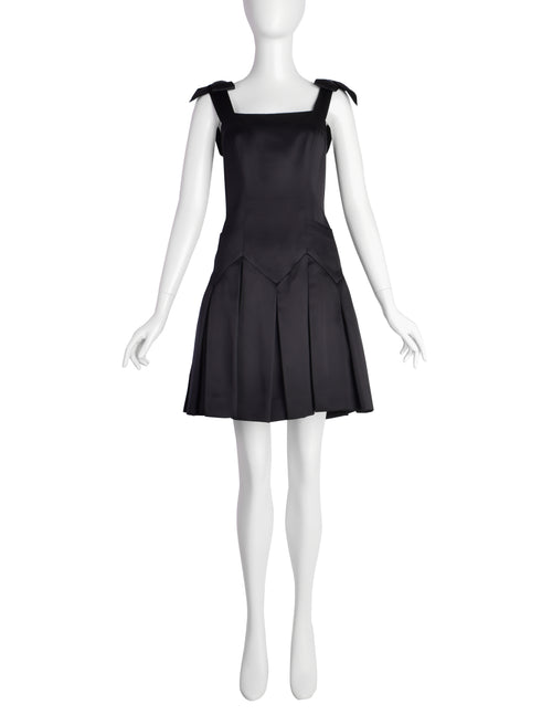 Chanel Vintage 1990s Black Silk Satin Bow Pleated Mini Dress Amarcord Vintage Fashion Chanel Vintage 1990s Black Silk Satin Bow Pleated Mini Dress Amarcord Vintage Fashion
