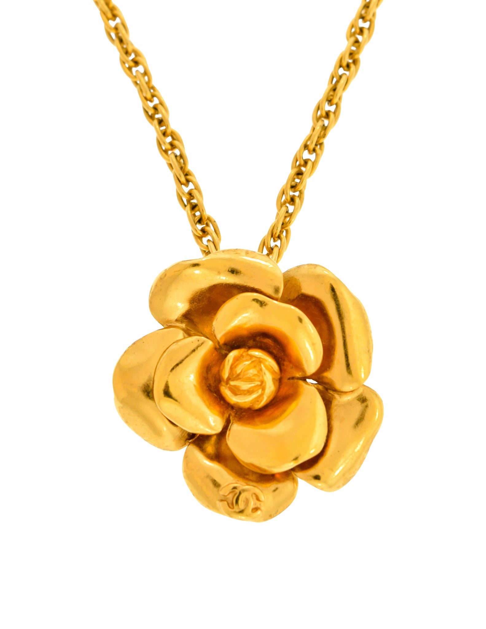 Chanel Vintage SS 1999 Gold Plated Camellia Pendant Necklace