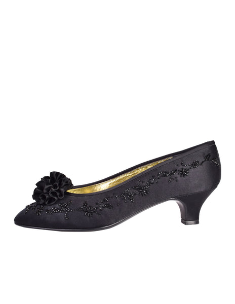 Chanel Vintage 1980s Black Beaded Embellished Satin Low Heel Pumps