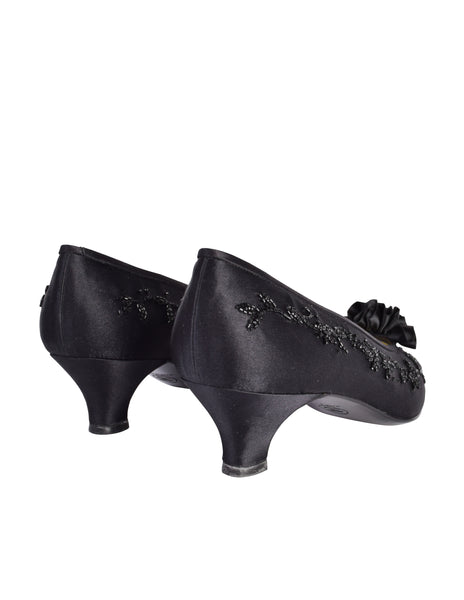 Chanel Vintage 1980s Black Beaded Embellished Satin Low Heel Pumps