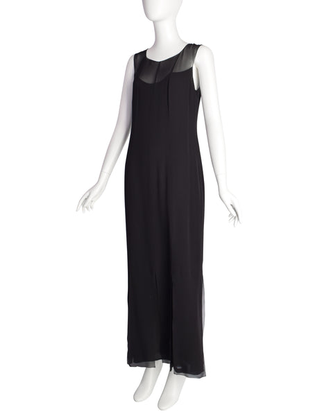 Chanel Vintage AW 1997 Sheer Black Silk Georgette Minimalist Column Dress