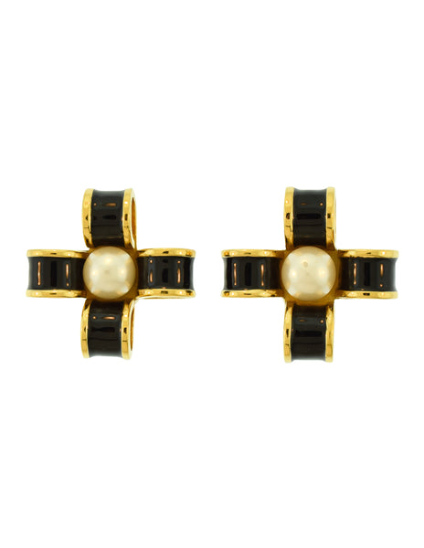 Chanel Vintage 1970s Black Enamel Golden Pearl Bow Earrings