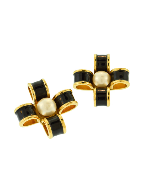 Chanel Vintage 1970s Black Enamel Golden Pearl Bow Earrings