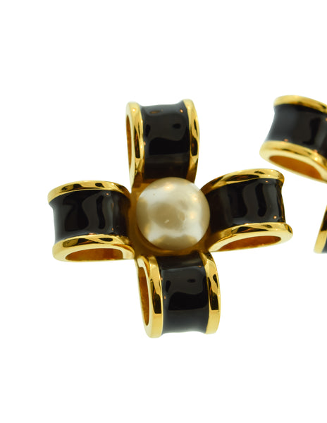 Chanel Vintage 1970s Black Enamel Golden Pearl Bow Earrings