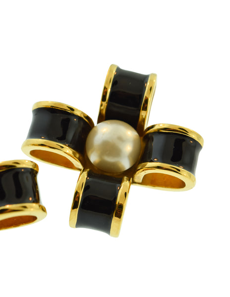 Chanel Vintage 1970s Black Enamel Golden Pearl Bow Earrings