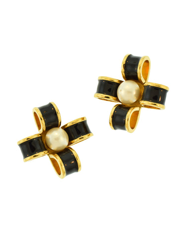 Chanel Vintage 1970s Black Enamel Golden Pearl Bow Earrings