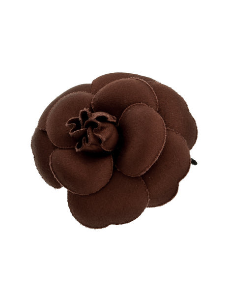 Chanel Vintage SS 1993 Chocolate Brown Structure Silk Camellia Flower Brooch Pin
