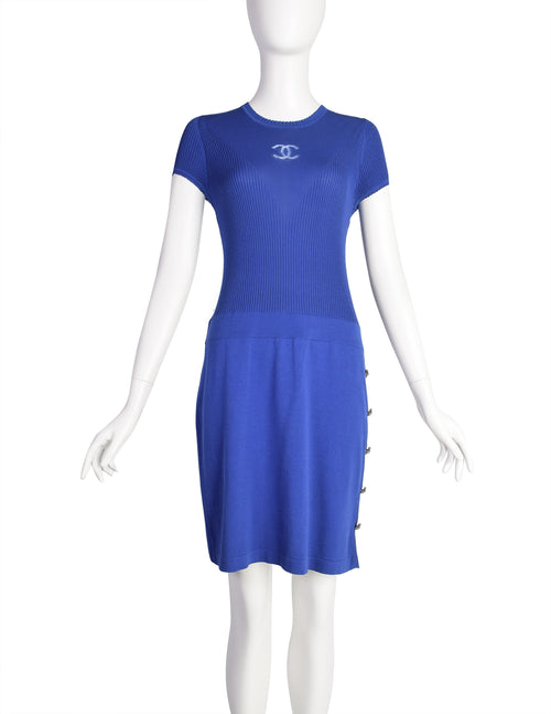 Chanel Vintage CC Logo Cobalt Blue Silk Cotton Knit Dress Chanel Vintage CC Logo Cobalt Blue Silk Cotton Knit Dress