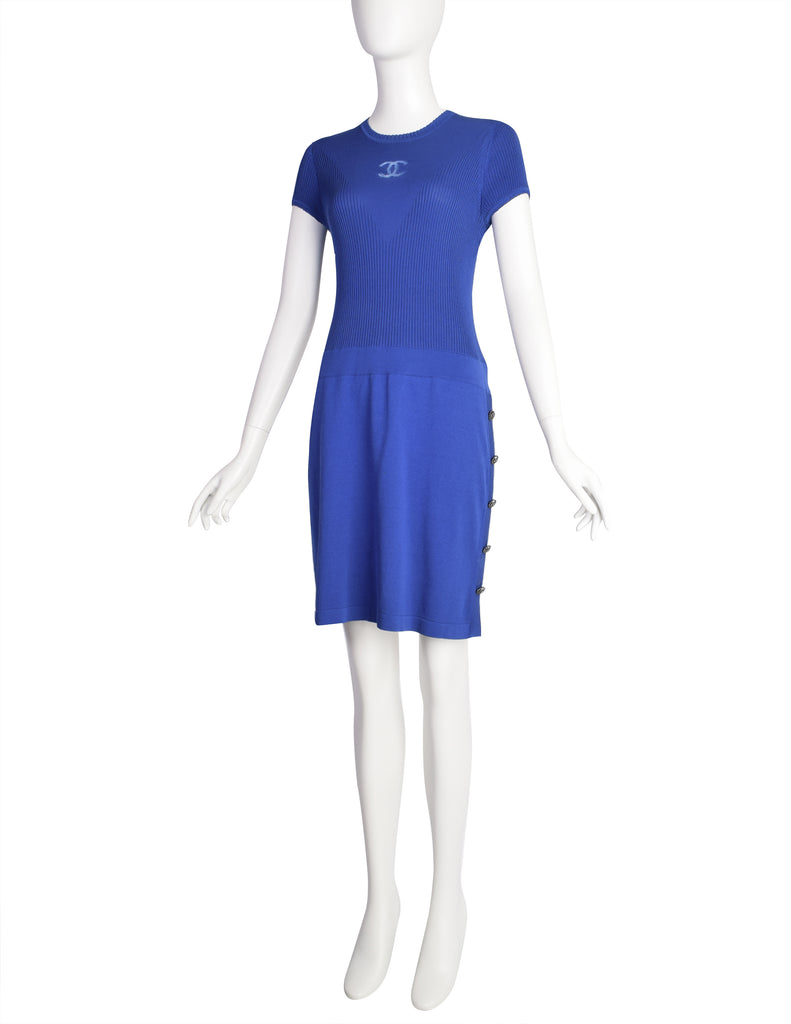 Chanel Vintage CC Logo Cobalt Blue Silk Cotton Knit Dress Chanel Vintage CC Logo Cobalt Blue Silk Cotton Knit Dress