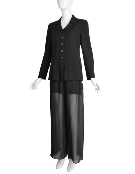 Chanel Vintage Cruise 1998 Black Jacket and Sheer Silk Chiffon Pants Suit