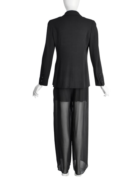 Chanel Vintage Cruise 1998 Black Jacket and Sheer Silk Chiffon Pants Suit