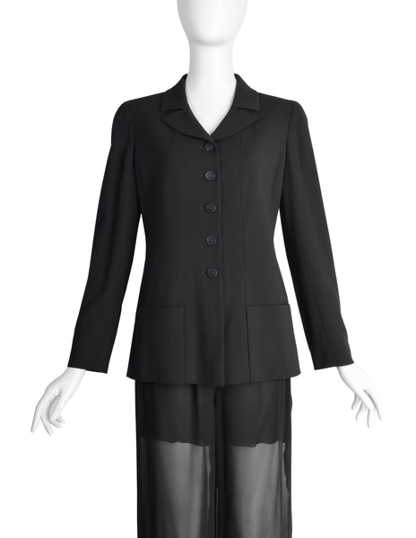 Chanel Vintage Cruise 1998 Black Jacket and Sheer Silk Chiffon Pants Suit