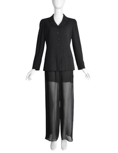 Chanel Vintage Cruise 1998 Black Jacket and Sheer Silk Chiffon Pants Suit