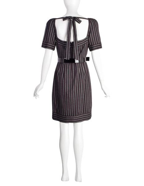 Chanel Vintage AW 2007 Black White Red Pinstripe Wool Bow Wiggle Dress with Belt