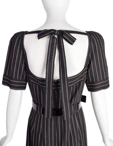 Chanel Vintage AW 2007 Black White Red Pinstripe Wool Bow Wiggle Dress with Belt