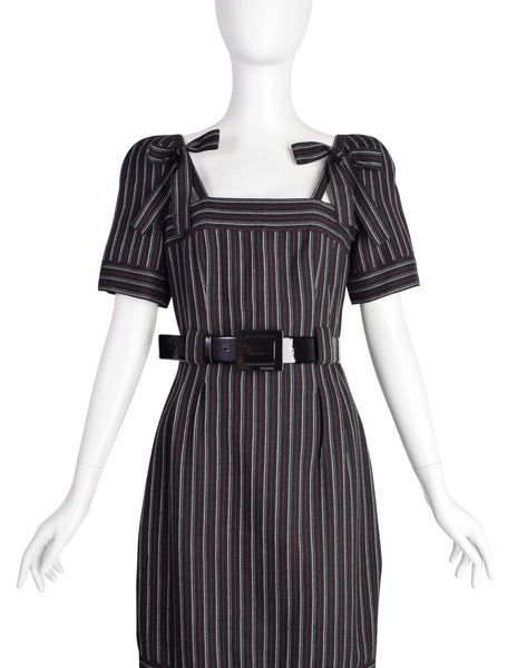 Chanel Vintage AW 2007 Black White Red Pinstripe Wool Bow Wiggle Dress with Belt