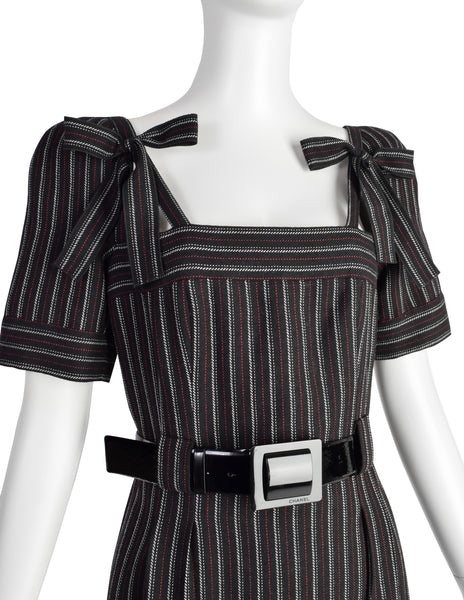 Chanel Vintage AW 2007 Black White Red Pinstripe Wool Bow Wiggle Dress with Belt